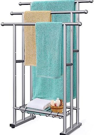 40" Tall Freestanding Towel Racks for Bathroom, 3 Tier Floor Towel Rack with Storage Basket, Blanket Ladder Drying and Display Rack for Large Bath & Hand Towel Outdoor Poolside (Silver)