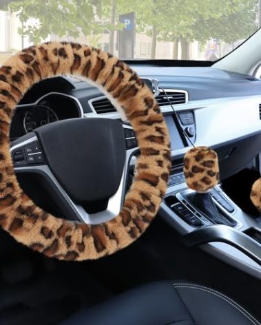Accmor Fuzzy Car Steering Wheel Cover, Universal Fit Fur Auto Wheel Cover & Handbrake Cover & Gear Shift Cover Set, Anti-Slip Leopard Warm Fluffy Vehicle Wheel Protector Car Accessories for Men Women