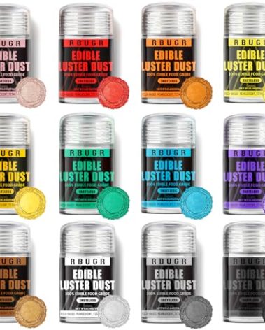 RBUGR Luster Dust Edible, 12 Colors Edible Glitter Pack, Cocktail Food Glitter Edible Dust, Vegan Edible Shimmer, Drink Powder for Cakes Cookies Chocolates Baking（4g/0.14oz）