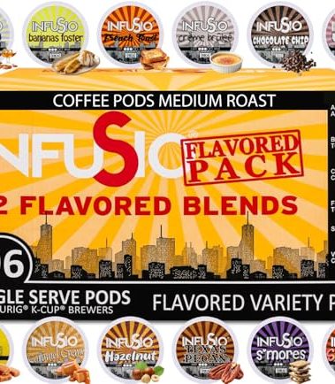 InfuSio Flavored Coffee Pods Variety Pack – 96 Count, 12 Gourmet Medium Roast Dessert-Inspired Blends like Bananas Foster & Crème Brûlée, Compatible with Keurig K-Cup 2.0 Brewers