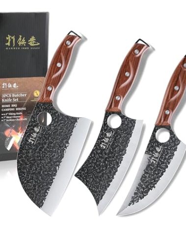3PCS Butcher Knife Set, 7" Butcher Meat Cleaver, 7" Serbian Chef Knife and 6.5" Viking Knife, Hand Forged Kitchen Knife Set with Plastic Handle, Geat for Home, Camping, BBQ (Unique Finger Hole Design)