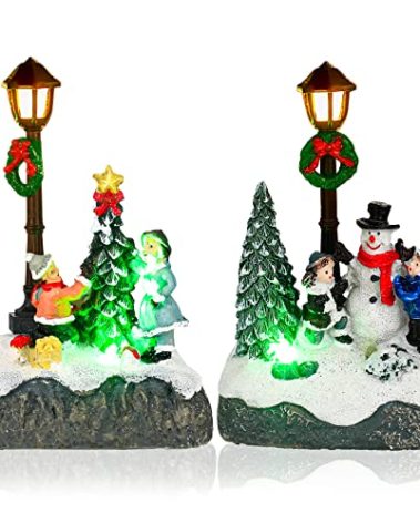 Karenhi Christmas Village Sets, 2 Pcs Snowman Tree Santa Christmas Village Scene with Figurines LED Light Xmas Accessories Tabletop Decorative Xmas Ornaments for Table Decor(Rustic Style)