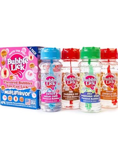 BubbleLick Variety Pack (2.5 Fl Oz, Pack of 4), Lickable Bubbles for Kids and Pets - Premium Natural Flavored Bubble Solution, and Refillable Bubble Solution
