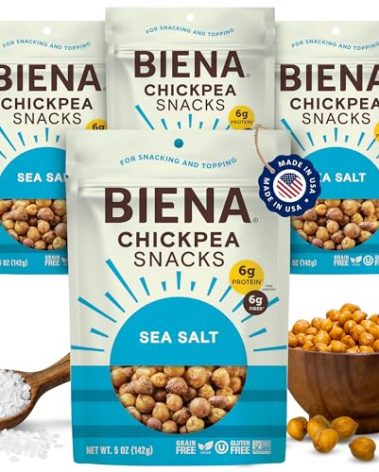 BIENA Chickpea Snacks - Crunchy Roasted Chickpeas - High Fiber Vegan Protein Snacks for Adults and Kids - 4-Pack, 5 Ounce Bags - Sea Salt