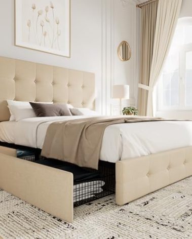 Allewie Upholstered Queen Size Platform Bed Frame with 4 Storage Drawers and Headboard, Square Stitched Button Tufted, Mattress Foundation with Wooden Slats Support, No Box Spring Needed, Beige