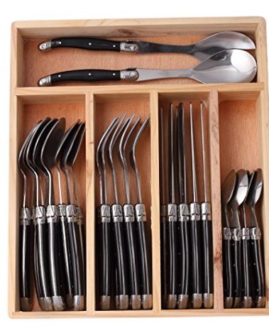 Laguiole By FlyingColors Stainless Steel Flatware Set. Black Color Handle, Wooden Storage Box, 34 Pieces