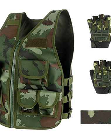 Green Bean Kids Outdoor Tactical Vest, Children's Combat Vest Adjustable Breathable Vest with Kids Half Finger Short Gloves