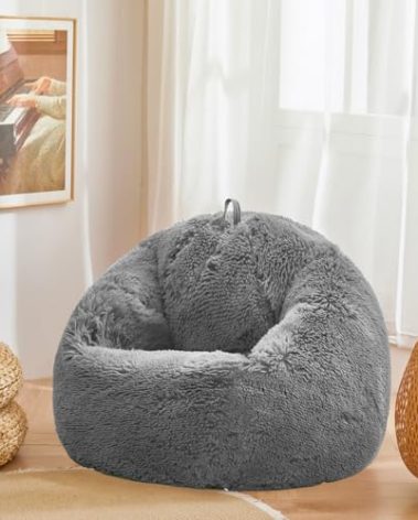 Gray fuzzy bean bag chair covers (No Filler), comfy Shaggy Gray bean bag chair Cover for bedroom, stuffed animal Storage, kids adults teens girls bean bag chairs, Anti-Slip