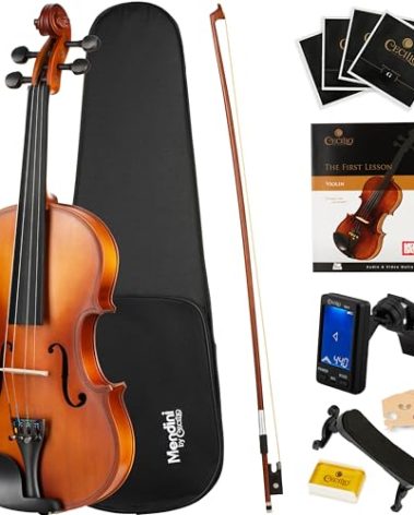Mendini By Cecilio Violin 4/4 Full Size For Beginners - Fiddle Solidwood Kit with Hard Case - Acoustic Violins with Bow, Rosin, Tuner, Extra Strings & Bridge, Shoulder Rest and Lesson Book