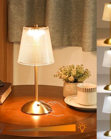 Amingulry Cordless Table Lamp, Rechargeable Battery Operated Lamp, 3 Color Modes & Stepless Dimmable LED Touch Lamp, Portable Retro Gold Metal Beside Lamps for Home Desk Bedroom Restaurant Outdoor