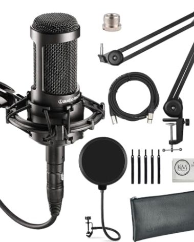 Audio-Technica AT2035 Cardioid Condenser Microphone for Content Creators, Streamers, Podcasters and Musicians Bundled with XLR Cable + Pop Filter + Microphone Arm (4 Items)