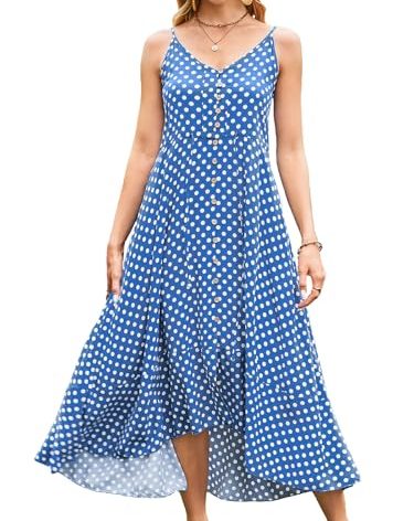 BROVAVE Women's 2025 Summer Casual Boho Sundress Polka Dot Spaghetti Strap V Neck Flowy Midi Dresses(008 Blue, X-Large)