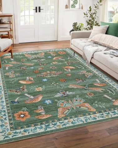 ROYHOME Mushroom Washable Rug 5x7 Area Rugs for Living Room, Insect Print for Bedroom, Non Slip Throw Rugs with Rubber Back, Soft Low Pile Dining Room Carpet for Under Table, Green