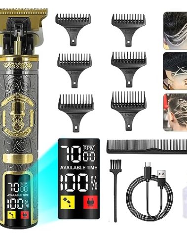 Hair Clippers Men Kit, Beard Trimmer for Men, Professional Hair Trimmer with 6 Limit Combs, 3 Adjustable Speeds LCD Barber Clippers Gifts, Type-C Charging, Black