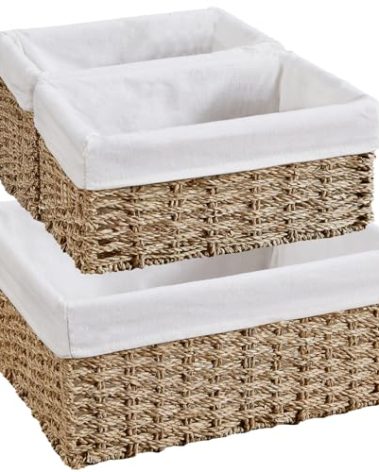 Vagusicc Wicker Basket, Seagrass Wicker Storage Basket with Built-in Handles, Baskets for Organizing, 15'' Large Storage Baskets for Shelves with Liner bathroom organizer (3-Pack Seagrass Baskets Set)