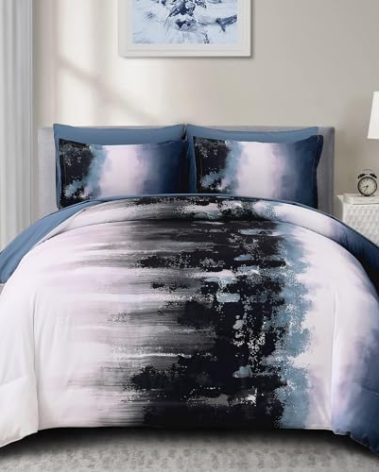 Dinjoy Ombre Blue Comforter Set King Size Gradient Navy Blue Black Boho Bedding Set for Teen Men Women 7 Pieces Bed in A Bag Bohemian Bed Set with Comforter, Sheets, Pillowcases & Shams
