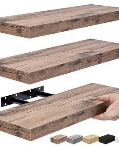 Sorbus Floating Shelves for Wall, Bathroom Shelves Wall Mounted for Kitchen, Bedroom, Bathroom Storage Over Toilet, Hanging Book Shelf for Wall Home Decor Living Room (Mahogany, 3 Pack)