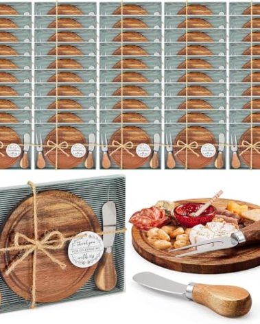 Maxcheck 50 Sets Baby Shower Bridal Game Prizes for Winners Round Cheese Board Set Wood Mini Charcuterie Board with Knives and Forks Thank You Card with Gift Box for Guests Wedding (Acacia)