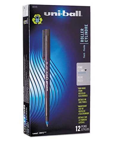 uni-ball® Onyx® Rollerball Pens, Fine Point, 0.7 mm, Black Barrel, Blue Ink, Pack Of 12