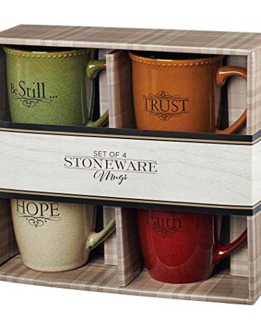 Christian Art Gifts Set of Four Rustic Stoneware Coffee/Tea Mugs w/Bible Verses Sage Green, Ivory, Paprika Red, Pumpkin Orange Inspirational Coffee/Tea Cup for Men and Women