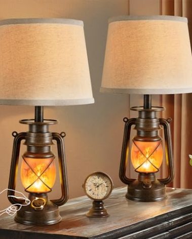 LEDIARY 18.72" LED Vintage Lantern Flickering Flame Table Lamps for Bedrooms Set of 2, Small Farmhouse Rustic Vintage End Table Lamps, Halloween Decorative Lantern Bedside Lamps for Living Room
