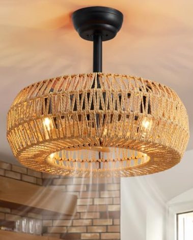 MOOONICHE 20" Boho Caged Ceiling Fan with Lights Remote Control, Rattan Cage Low Profile Bladeless Ceiling Fan, Farmhouse Ceiling Fans with Light for Kitchen, Bedroom, Dining Room