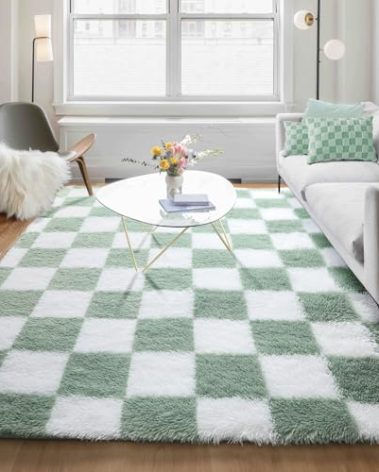 KICMOR Living Room Rugs 5x8 Sage Green and White, Large Fluffy Furry Shaggy Fuzzy Checkered Area Rug Bedroom Big Carpet, Shag Plush Soft Nursery Rug Cozy Room Decor for Teen Toddler Kids Baby Boys