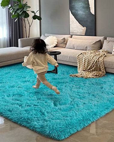 HOMORE Luxury Fluffy Area Rug Modern Shag Rugs for Bedroom Living Room, Super Soft and Comfy Carpet, Cute Carpets for Kids Nursery Girls Home, 4x6 Feet Turquoise Blue