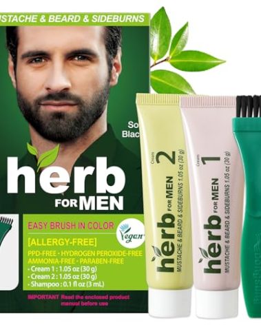 Herb For Men Mustache & Beard Dye (Soft Black, 1 Pack), PPD-Free Ammonia-Free, Vegan with Natural Ingredients, Odorless, Gentle for Sensitive Skin, No Skin Irritation