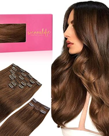 WENNALIFE Clip in Hair Extensions, 150g 22 Inch 9pcs Chocolate Brown Human Hair Extensions Thicker Clip in Hair Extensions Real Human Hair Clip Set Double Weft