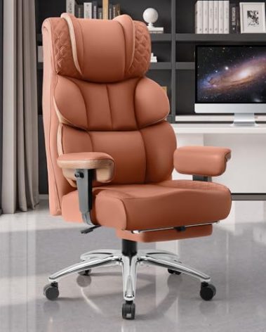 BestGlory Office Desk Chair, Big and Tall Leather Gaming Chair with Footrest, Wide Ergonomic Comfy Executive High-Back Reclining Computer Chairs, Swivel Rolling Wheels and Padded Lumbar Support, Brown