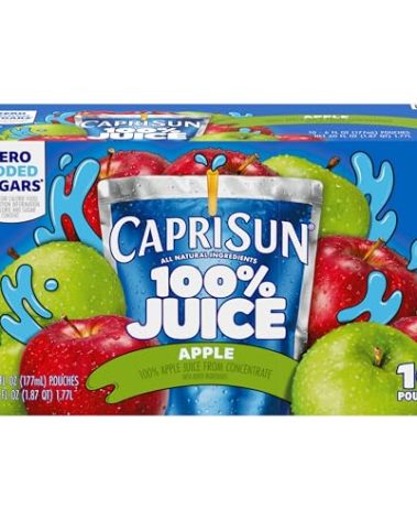 Capri Sun 100% Juice Apple All-Natural Juice from Concentrate with added ingredients, 10 ct Box, 6 fl oz Pouches