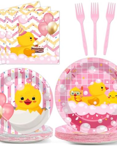 96Pcs Duck Birthday Party Supplies Pink Rubber Duck Paper Plates Napkins Duck Party Decorations Duck Themed Dinnerware Party Favor Girl Birthday Baby Shower Party Tableware Serves 24