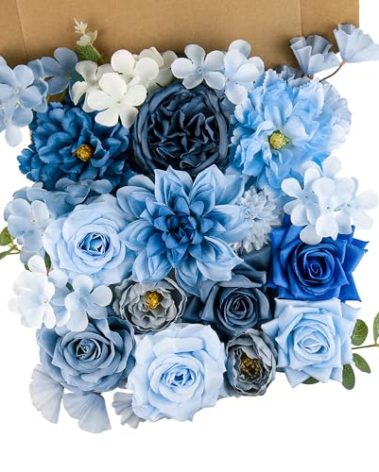yuagolle Artificial Flowers for Home Decorations: Blue Silk Fake Flowers Bulk Boxed Set, Peony Roses Bouquets with Stems for Table Centerpiece, DIY Wedding, Bridal Shower, Graduation Cap & Tea Party