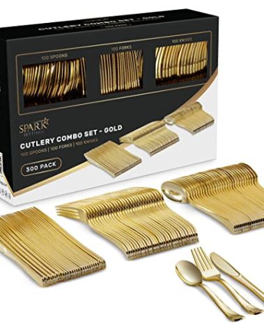 SparkSettings Heavy Duty Plastic Silverware Set, 300 Disposable Gold Utensils - 100 Forks, 100 Spoons & 100 Knives - Perfect for Parties, Weddings & Birthdays