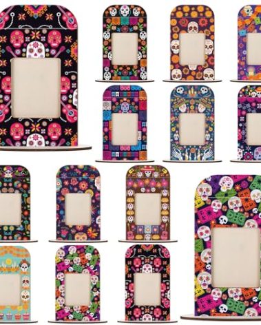 Qunclay 12 Set Dia De Los Muertos Altar Day of the Dead Decorations,Wooden Frames Picture Dia De Los Muertos Altar Kit Ofrenda Picture Frame Tabletop Halloween Diwali Decoration Ofrenda(Style 1)