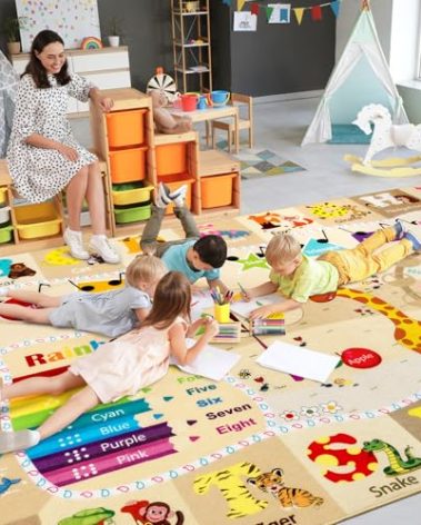 B BENRON 7x10 Playroom Rugs for Kids Washable, Educational and Fun Playmat with ABC Alphabet Animals Shapes Colors, Non-Slip Play Mat Learning Rug for Baby Toddler Children Game Activity，Beige, Pink