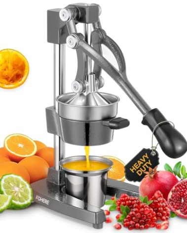 FOHERE Orange Juicer Squeezer, Cast Iron Lemon Squeezer, Commercial Citrus Juicer Hand Press for Orange, Lemon, Pomegranate, Easy to Clean Citrus Squeezer with a Stainless Steel Cup, Grey