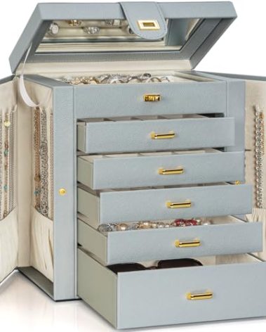 AKOZLIN Extra Large 6-Tier Jewelry Box Organizer Functional Huge, 5 Drawers Leather Jewelry Storage Case for Women Girls Ring Necklace Earring Bracelet Holder Organizer with Mirror Grey