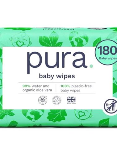 Pura Natural Sensitive Baby Wipes, 99% Water, Unscented & Hypoallergenic, Suitable for Sensitive & Eczema-prone Skin, Fragrance Free & Hypoallergenic, EWG Verified, 3 x 60 per pack (180 Wipes)