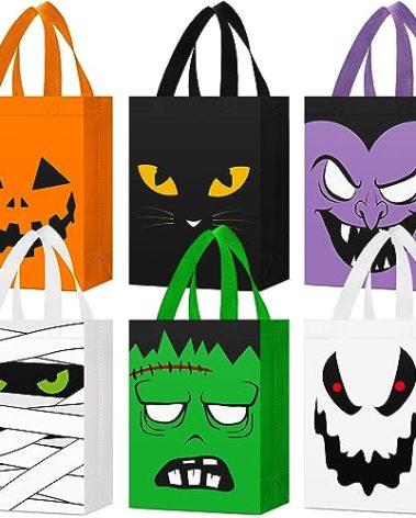 Paterr 18 Pcs Halloween Candy Bags Reusable Non Woven Treat Gift Bags Cat Ghost Mummy Vampire Zombie Pumpkin Tote with Handles Bulk for Halloween Party Kids Birthday
