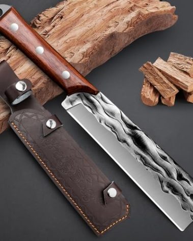 Machete with Sheath for Cutting Trees Heavy Duty, for Yard Work and for Bushcrafting Knife Sickle for Clearing Brush Garden Tools Construction Blade (Red Rosewood Handle)