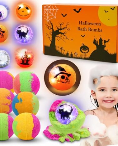 Halloween Bath Bombs with Surprise Inside for Kids, 6PCS LED Squishies Balls Light Up Bath Bombs Toy Fun Cute Pumpkin Fruity Bath Balls Halloween Spooky Stress Balls Party Favor Gifts Boy Girls