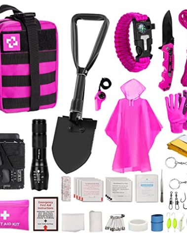 ThinkLearn Pink Survival Kits with First Aid Kit, Hiking Camping Gear and Equipment for Women, Professional Bug Out Bag Survival Set with Molle Pouch, Outdoor Gift for Women