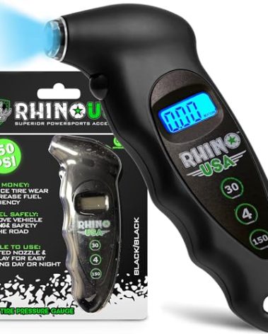 Rhino USA Digital Tire Pressure Gauge 150 PSI, 4 Ranges, Ergonomic Design w/Lighted Nozzle & LCD Backlit Display - Certified Accurate Readings, Best Digital Gage (Black)