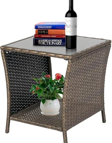 JSUN7 Outdoor Wicker Side Table - Rattan Side Tables for Patio, Square Wicker Patio Table, Outdoor End Tables with Storage and Glass Top for Outside, Courtyard, Balcony, Gold