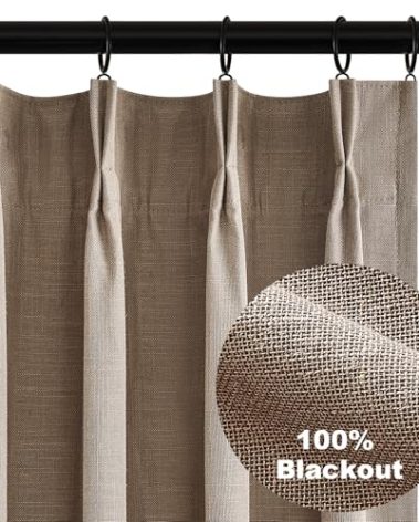 Topfinel Greige 90 Inches Long Blackout Natural Linen Curtains for Bedroom, Chocolate Brown Pinch Pleat Sound Blocking Curtains, Neutral Farmhouse Lined Drapes 2 Panels for Living Room Sliding Door
