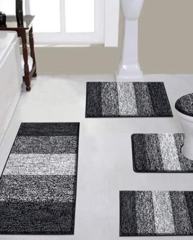 Vaukki 5 Piece Bathroom Rugs Set, Non Slip Shaggy Microfiber Plush Absorbent Washable Bath Shower Mats Runner for Tub (18''x26''+20''x32''+20''x47''+U20''x24''+Lid Cover, Black)