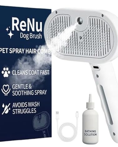 Fresh Fur Shower Brush, 3 In 1 Self Cleaning Pet Spray Hair Removal Comb, Pet Steamy Shower Brush + Bathing Solution, Removes Loose Hair & Reduces Shedding, for Long & Short Haired Pets (White)