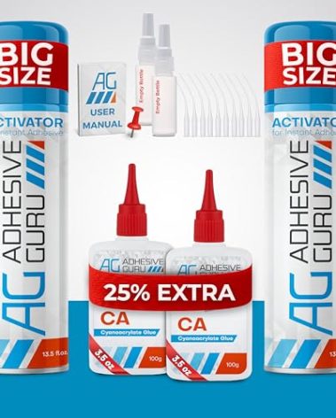 Adhesive Guru CA Glue with Activator (2 x 3.5 oz - 2 x 13.5 fl oz) CA Glue Set for Woodworking with Microtips, Cyanoacrylate Super Glue for Plastic, Glass, Ceramic, DIY, 3D Printing (2 Pack Set)